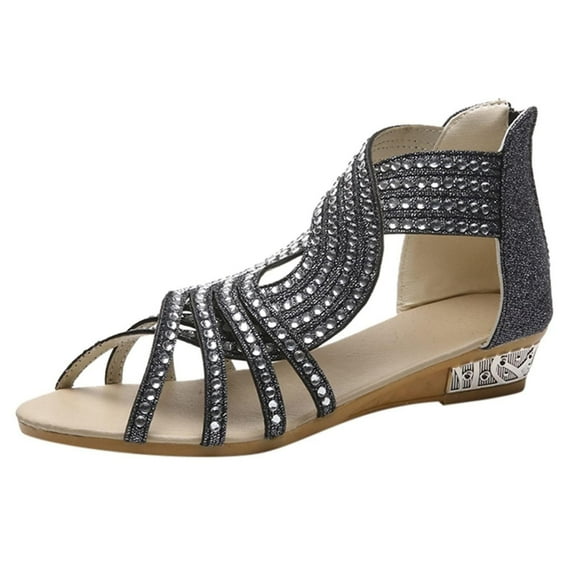 Anuirheih Flatform Sandals for Women, Rhinestone Hollow Back Zipper Comfort Cutout Open Toe Non-slip Sandals for Beach Dress(Black)