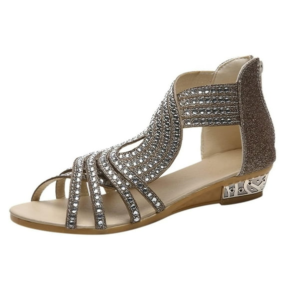 Anuirheih Flatform Sandals for Women, Rhinestone Hollow Back Zipper Comfort Cutout Open Toe Non-slip Sandals for Beach Dress(Gold)