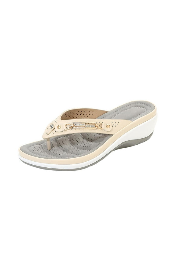 Anuirheih Flip Flops Sandals for Women Low Heel Arch Support Comfortable Soft Cushion Wedge Slip-on Casual Summer Thong Sandals(Beige)