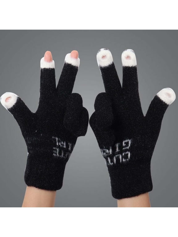 Anuirheih Gloves for Cold Weather, A Pair Winter Open Finger Thickened Warm Padded Cute Students Cold Wool Split Finger Screen Gloves
