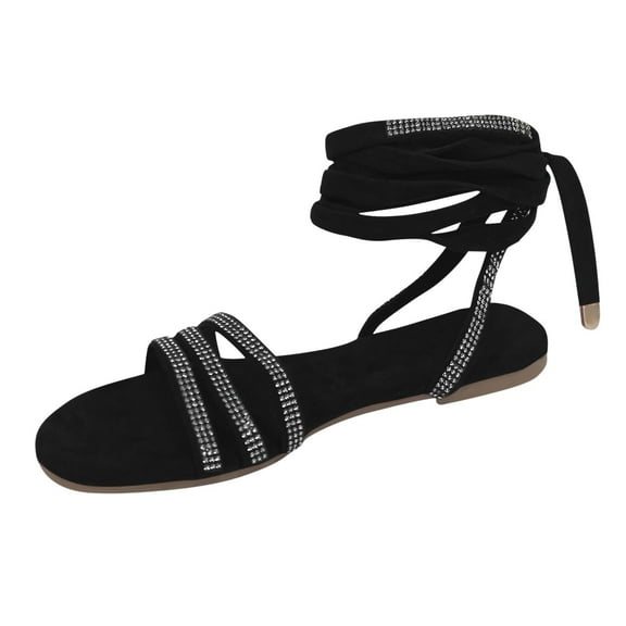 Anuirheih Lace up Sandals Tie up Dress Summer Flat Sandals for Women, Women's Casual Strappy Sandals Beach Sandals, for Work Walking(Black）