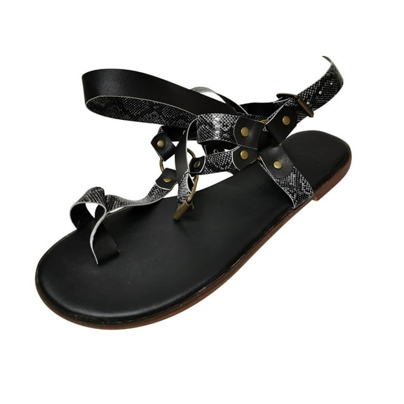 Anuirheih Lace up Sandals Tie up Dress Summer Snake Print Flat Sandals for Women, Casual Toe Ring Strappy Sandals Women for Work Walking(Black）