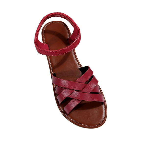 Anuirheih New Summer Flat Bottom Round Toe Women's Shoes Casual Beach Roman Sandals Sandals Women (Wine)