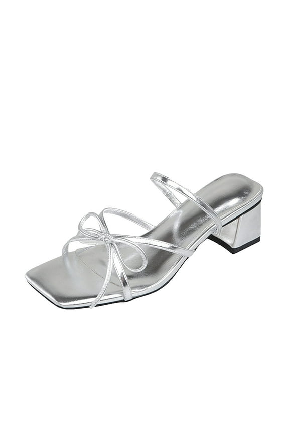 Anuirheih New Summer Open Head Thick Heels Women's Shoes Fashion Bow Casual Sandals Sandals Women (Silver)