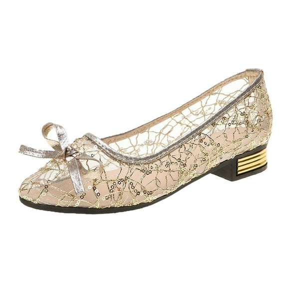 Anuirheih Plus Size British Style Pointed Toe Women's Bowknot Net Gauze Single Shoes Sandals Women (Gold)