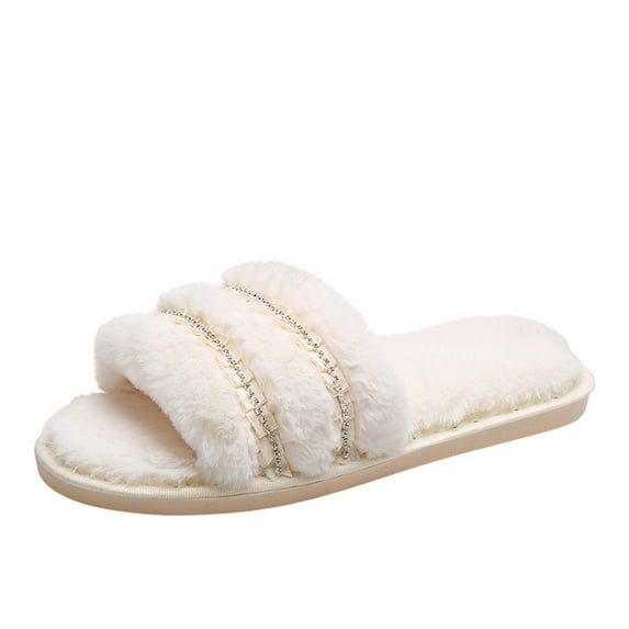 Anuirheih Plush Slippers Women, Open Toe Casual Sandals Slip On Shoes Soft Home Sandals Indoor Outdoor(White)