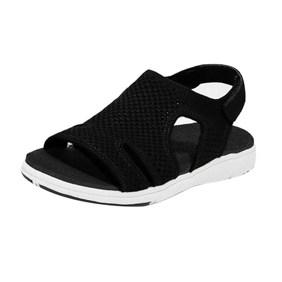 Anuirheih Sandals for Women Summer Flats, Breathable Elastic Ankle Strap Dress Flats Shoes Casual Mesh Open Toe Beach Sandal Outdoor Sports(Black)