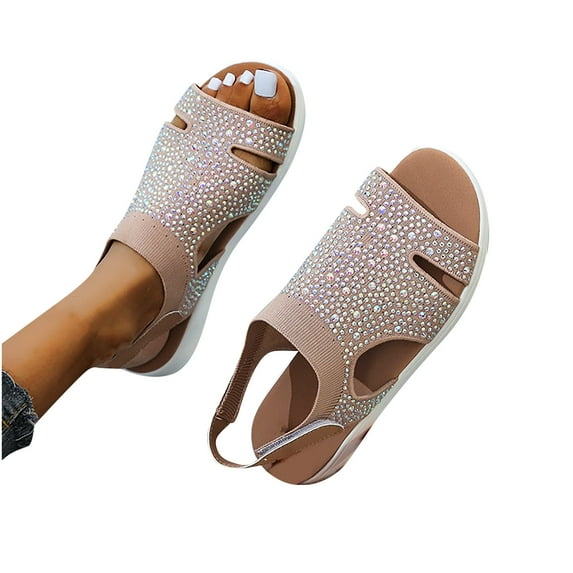Anuirheih Sandals for Women Summer Flats, Comfortable Ankle Strap Dress Flats Shoes Breathable Rhinestone Casual Slip on Open Toe Beach Sandal(Khaki)