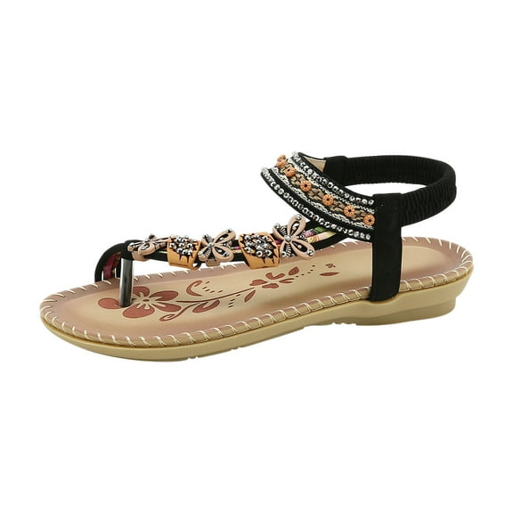 Anuirheih Sandals for Women Summer Flats, Comfortable Elastic Ankle Strap Dress Flats Shoes Casual Slip on Open Toe Boho Beach Sandal(Black）