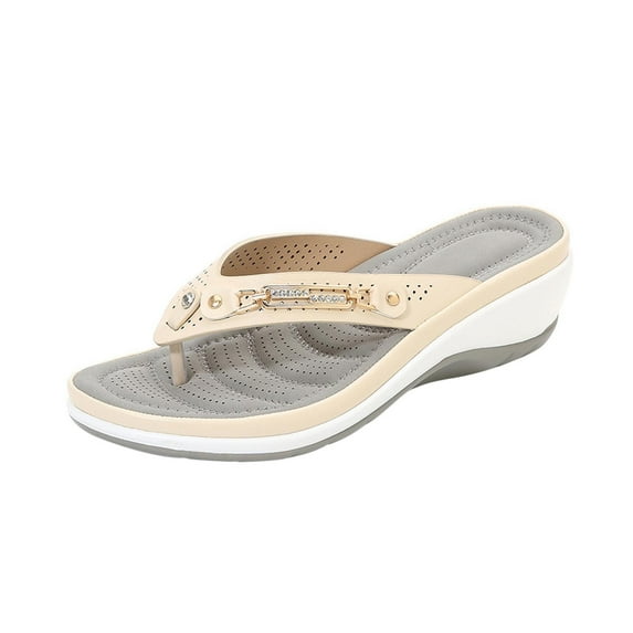 Anuirheih Sandals for Women Wedge Flip Flops Comfortable Slip on Dress Summer Low Heel Slippers Sandals Outdoor Lightweight Casual Shoes(Beige)