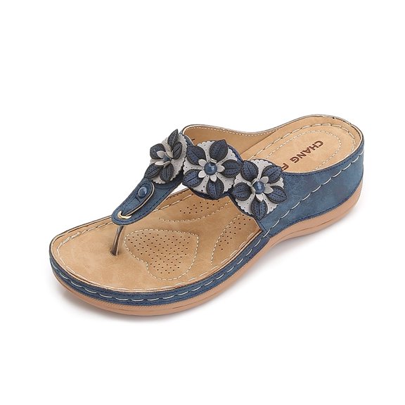 Anuirheih Sandals for Women Wedge Flip Flops Comfortable Slip on Dress Summer Low Heel Slippers Sandals Rhinestone Lightweight Casual Shoes(Blue)