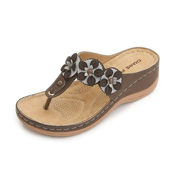 Anuirheih Sandals for Women Wedge Flip Flops Comfortable Slip on Dress Summer Low Heel Slippers Sandals Rhinestone Lightweight Casual Shoes(Brown)