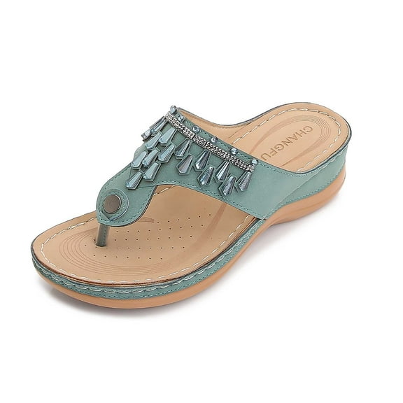 Anuirheih Sandals for Women Wedge Flip Flops Comfortable Slip on Dress Summer Low Heel Slippers Sandals Rhinestone Lightweight Casual Shoes(Green)