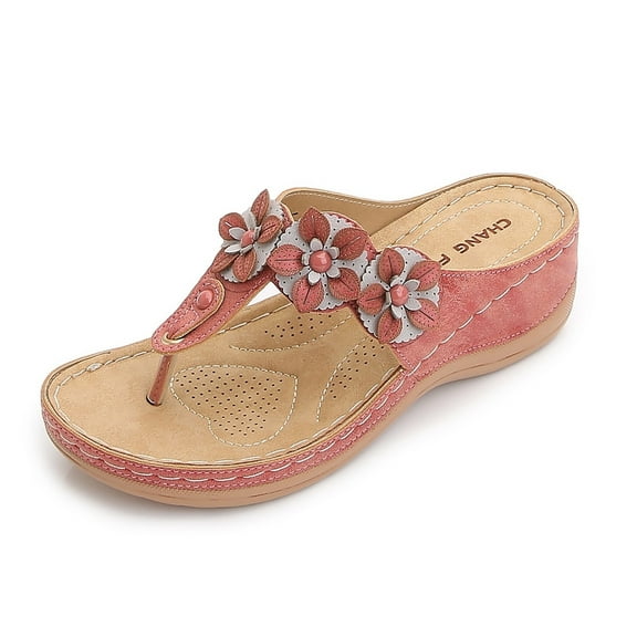 Anuirheih Sandals for Women Wedge Flip Flops Comfortable Slip on Dress Summer Low Heel Slippers Sandals Rhinestone Lightweight Casual Shoes(Red)