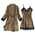 thumbnail image 1 of Anuirheih Satin Pajamas Sets for Women 2Pcs Long Sleeve Silk Leopard Print Robe with Belt +Leopard Print Lace Sling Nightdress, 1 of 8