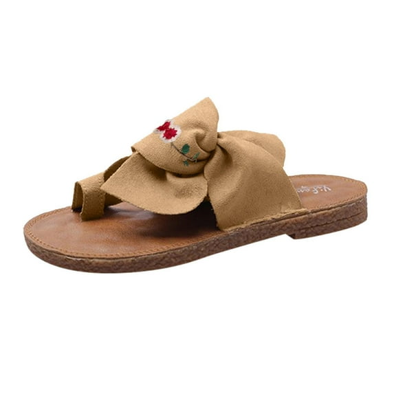 Anuirheih Slide Sandals for Women Summer Open Toe Casual Embroidered Flowers Bowknot Comfy Slip On Cork Foot Bed Beach Slippers(Khaki)