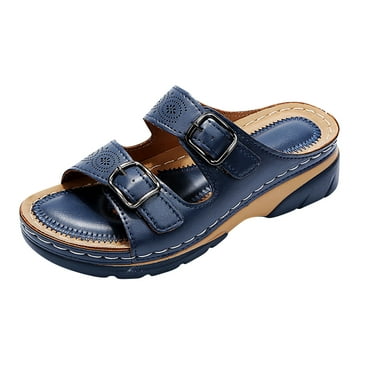 Anuirheih Slides for Women, Comfortable Wedge with Belt Buckle Casual Walking Sandals(Dark Blue)
