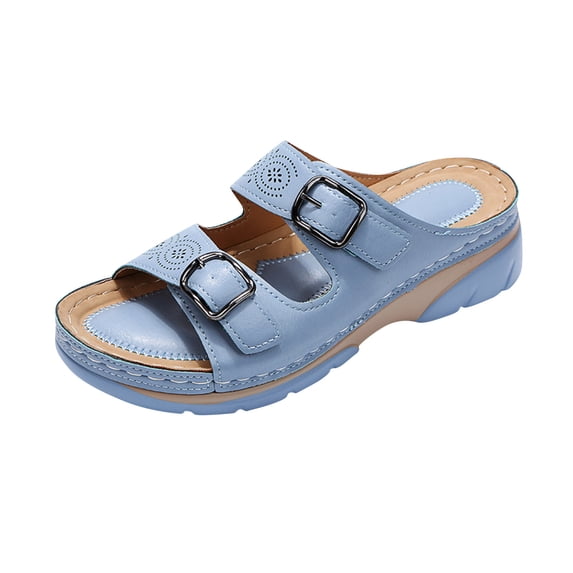Anuirheih Slides for Women, Comfortable Wedge with Belt Buckle Casual Walking Sandals(Light blue)