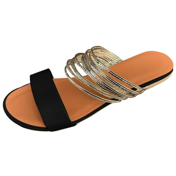 Anuirheih Slides for Women Flat Sandals Slip On Slides with Soft Leather Casual Slippers for Summer Beach(Black)