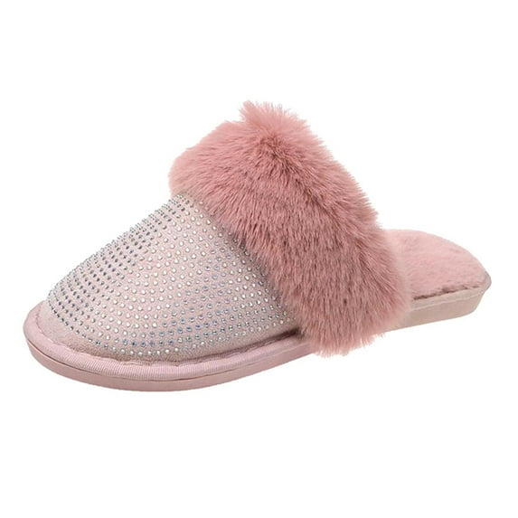Anuirheih Slippers for Women, Soft Plush Warm Slip-on Slippers, Rhinestone Wool Drag Warm Indoor Outdoor Slippers(Pink๏ผ