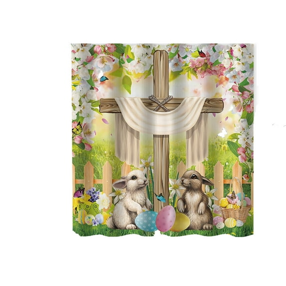 Anuirheih Spring Easter Bunny Shower Curtain, Colorful Easter Eggs Cute Rabbit Flower Plant Holiday Bathroom Fabric Curtain(71x71inch)