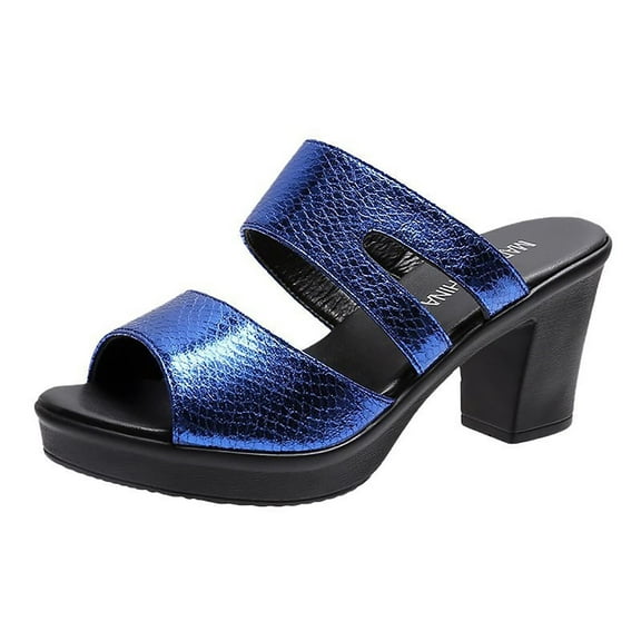 Anuirheih Summer Fashion: Fish Mouth Thick Heels, Wearing High-Heeled Mother's Shoes Sandals Women (Blue)