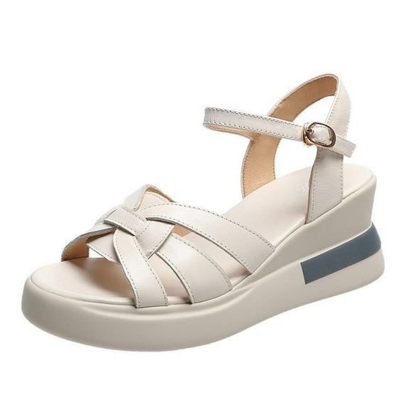 Anuirheih Summer Ladies Shoes Casual Women's Sandals Flat Buckle Wedge Heels Sandals Sandals Women (Beige)
