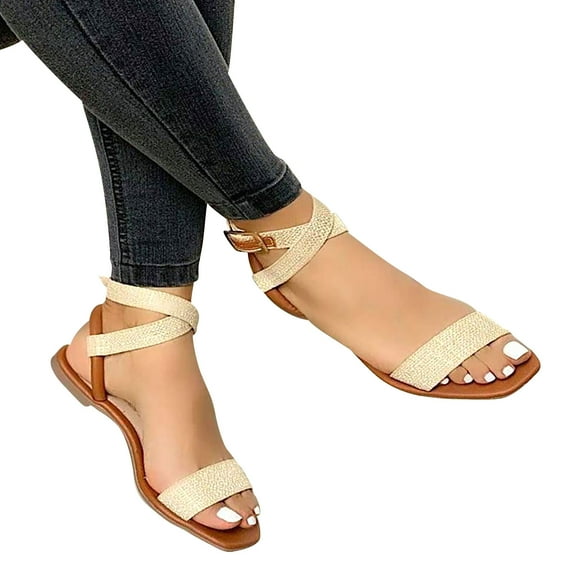Anuirheih Summer New Wrap Ladies Outer Wear Belt Buckle Sandals Women Slippers Sandals Women (Beige)