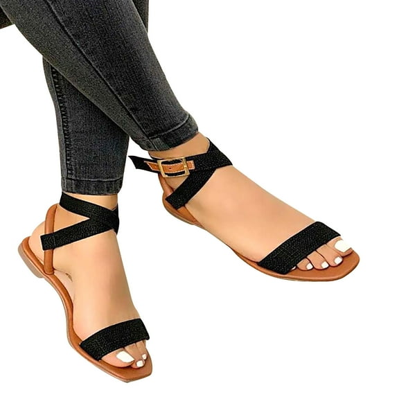 Anuirheih Summer New Wrap Ladies Outer Wear Belt Buckle Sandals Women Slippers Sandals Women (Black)
