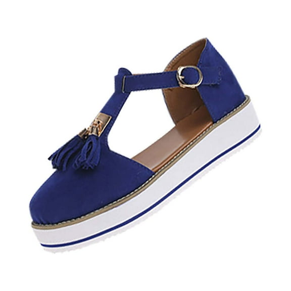 Anuirheih Summer Tassel Baotou Hollow T-shaped Shoes Suede Buckle Sandals Sandals Women (Blue)