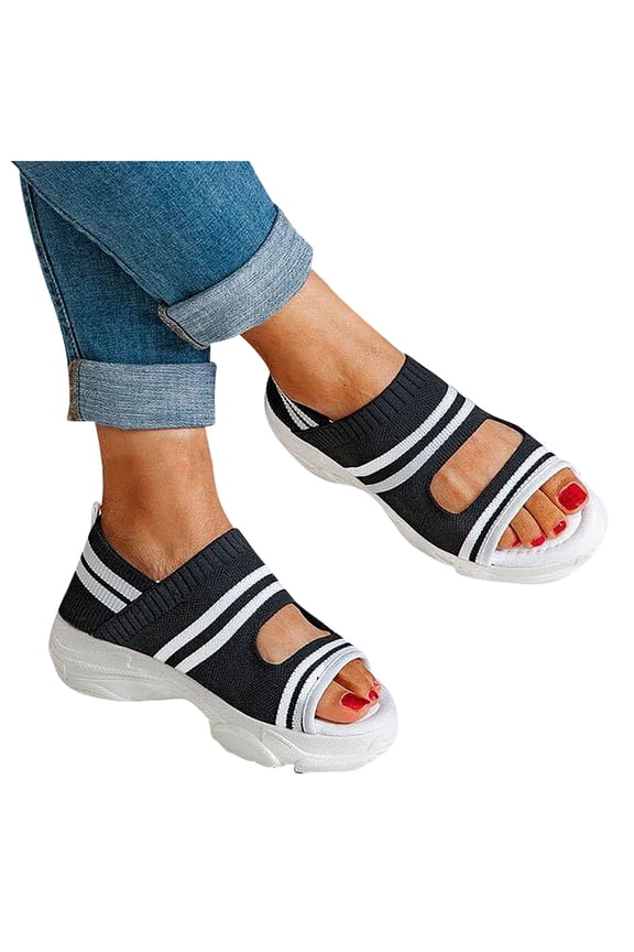 Anuirheih Summer Washable Orthopedic Slide Sport Sandals, Comfy Knit Thick Bottom Fish Mouth Casual Sandals Mesh Soft Sole Casual Women's Shoes(Black)