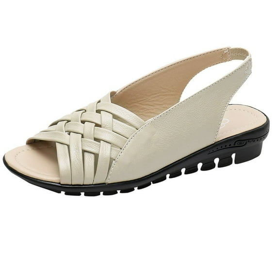 Anuirheih Summer Women Shoes Leather Flat Sandals Open Toe Mother Wedges Casual Sandals Sandals Women (Beige)