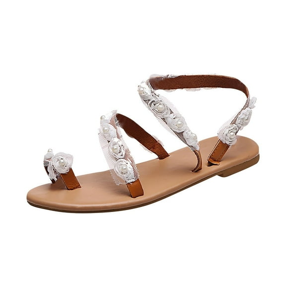 Anuirheih Summer Womens Lace Flower Open Toe Casual Shoes Flats Comfortable Roman Sandals Sandals Women (White)