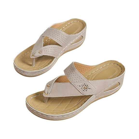 Anuirheih Wedge Low Heel Slippers Sandals for Women Slip On Wedge Sandals with Arch Support, Summer Casual Open Toe Sandals(Beige)