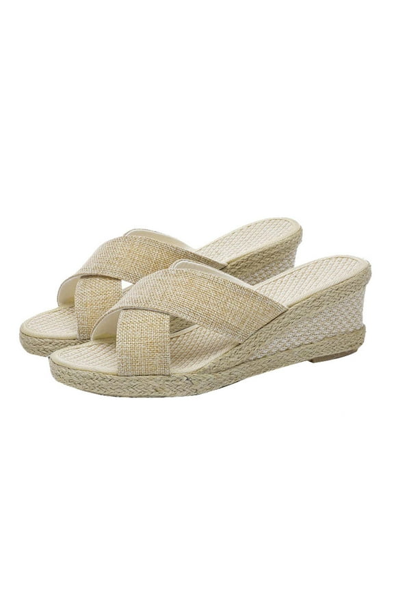 Anuirheih Wedge Sandals for Women, Linen Straw Open Toe Sandals Crisscross Strap Slide Wedges Beach Shoes(Beige)