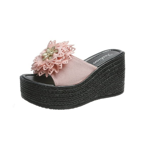Anuirheih Wedge Sandals for Women, Linen Straw Open Toe Sandals Slide Wedges Beach Shoes Exquisite Flowers Slippers