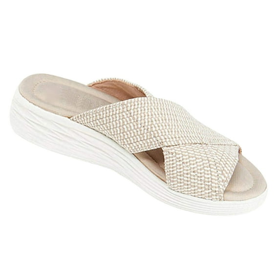 Anuirheih Wedge Sandals for Women, Open Toe Sandals Crisscross Strap Slide Wedges Beach Shoes(Beige)