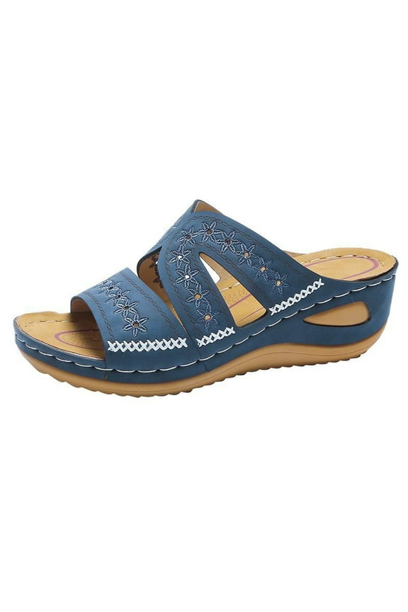 Anuirheih Wedge Sandals for Women Slip On Wedge Sandals with Arch Support, Summer Casual Low-heeled Open Toe Sandals Walking Shoes(Blue)