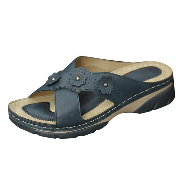 Anuirheih Wedge Sandals for Women Slip On Wedge Sandals with Arch Support, Summer Casual Low-heeled Open Toe Sandals Walking Shoes(Blue)