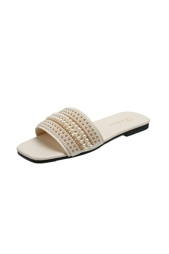 Anuirheih Wedge Slide Slippers Women Ladies Outdoor Slippers Pearl Chain Soft Sole Sandals Women (Beige)