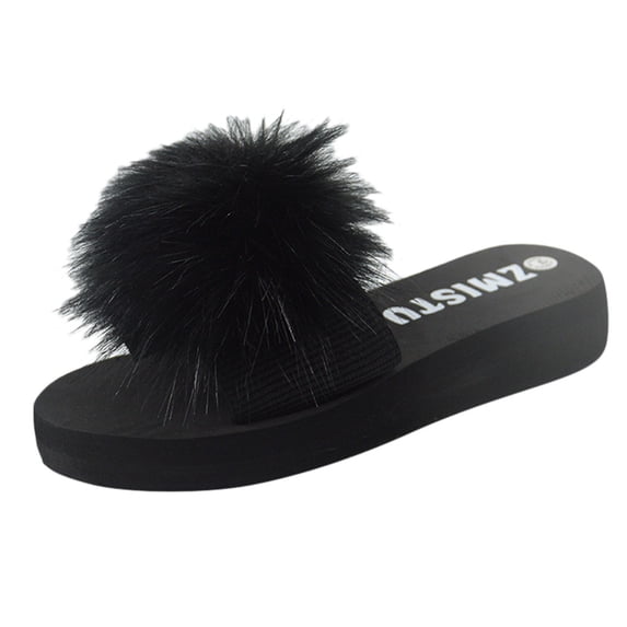 Anuirheih Wedge Slippers for Women, Plush Thick Plat Sandals Casual Slip-On Wedge Open Toe Winter Summer Sandal(Black)