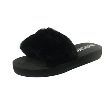 Anuirheih Wedge Slippers for Women, Plush Thick Plat Sandals Casual Slip-On Wedge Open Toe Winter Summer Sandal(Black)