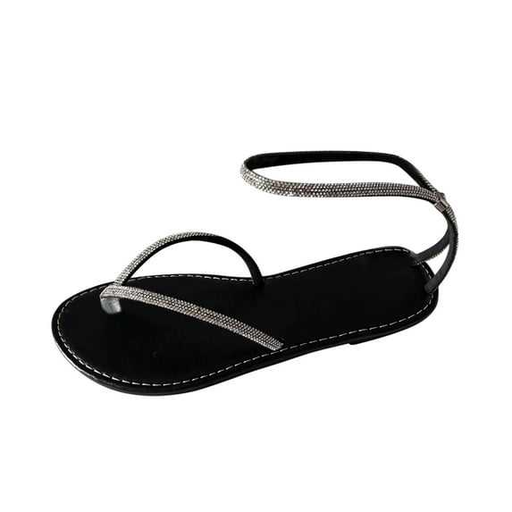 Anuirheih Women Flat Sandals Rhinestone Clip Toe Dress Casual Summer Beach Sandals Flip Flops Sandals(Black)