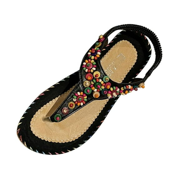 Anuirheih Women Sandals Flat Bohemian Jeweled Sandals Elastic Strap Dress Casual Summer Beach Sandals Flip Flops Sandals(Black)