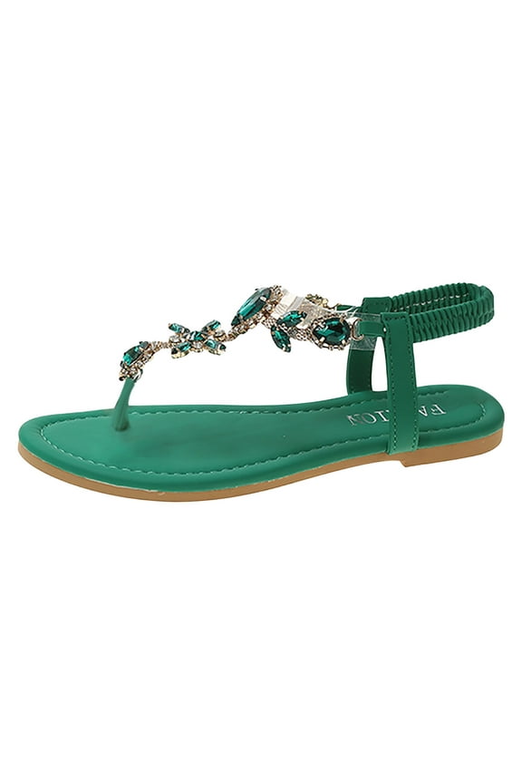 Anuirheih Women Sandals Slippers Summer Solid Buckle Flip Flops Anti-Slip Boho T-Strap Sandals Flat Women Shoes Beach Casual Roman Sandals(Green)