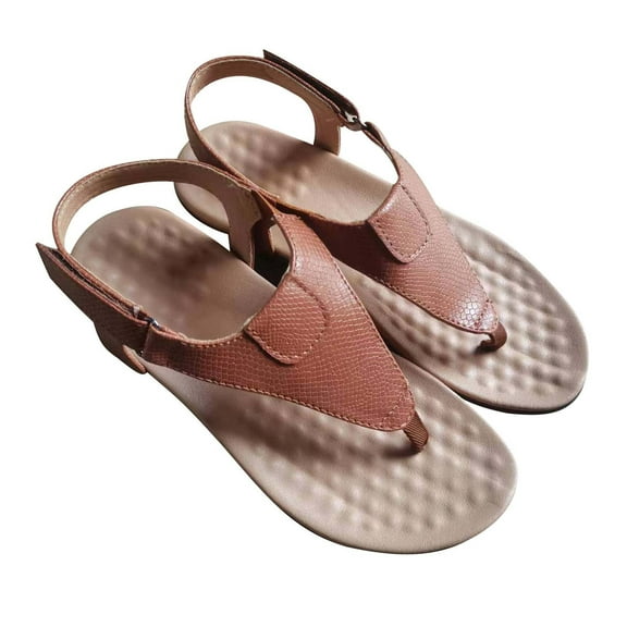 Anuirheih Women Sandals Slippers Summer Solid Buckle Flip Flops Anti-Slip Boho T-Strap Sandals Flat Women Shoes Beach Casual Sandals(Brown）