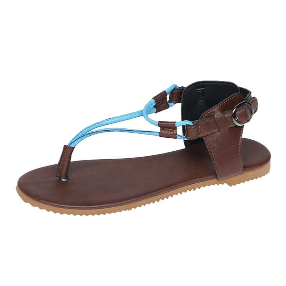 Anuirheih Women Sandals Summer Cool Shoes Beach Shoes Flat Heel Roman Style Pinch Sandals Sandals Women (Blue)