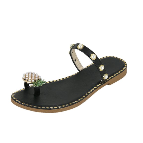Anuirheih Women Summer Pineapple Sandals Clip Toe Flip Flops Boho Casual Slippers Beach Shoes (Black)