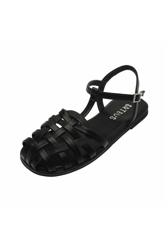 Anuirheih Women's Closed Toe Flat Sandals Comfortable Ankle Strap Cut Out Cage Summer Roman Shoes(Black)