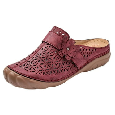Anuirheih Women's Closed Toe Hollow Wedge Slippers Sandals, Leather Summer Flatform Slippers,Comfortable Breathable Elastic Slippers(Red)